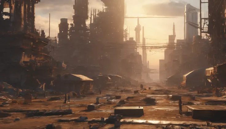 a desolate, post-apocalyptic cityscape, where humans huddle in fear, surrounded by towering, menacing robots - cinematic, drama, lighting, 16:9.