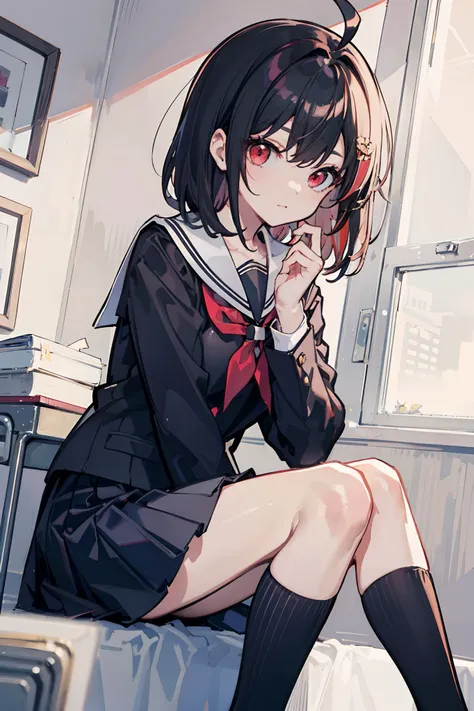 Masterpiece, Best quality, a beauty girl, Medium hair, Black hair, ahoge, Red eyes,black kneehighs, school uniform,