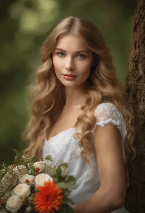 (best quality,4K,8K,hight resolution,Meisterwerk:1.2),Ultra-detailliert(HDR,UHD,Studiobeleuchtung),Realistic portraits of a girl with a bouquet of flowers, beautiful eyes and lips, blond, blondes leicht gewelltes Haar, white dress with red bow, extremely d...