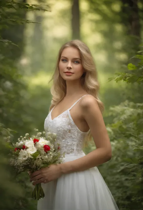 (best quality,4K,8K,hight resolution,Meisterwerk:1.2),Ultra-detailliert(HDR,UHD,Studiobeleuchtung),Realistic portraits of a girl with a bouquet of flowers, beautiful eyes and lips, blond, blondes leicht gewelltes Haar, white dress with red bow, extremely d...