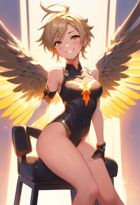 Overwatch Mercy, skimpy leotard, Sit on a chair, Smile