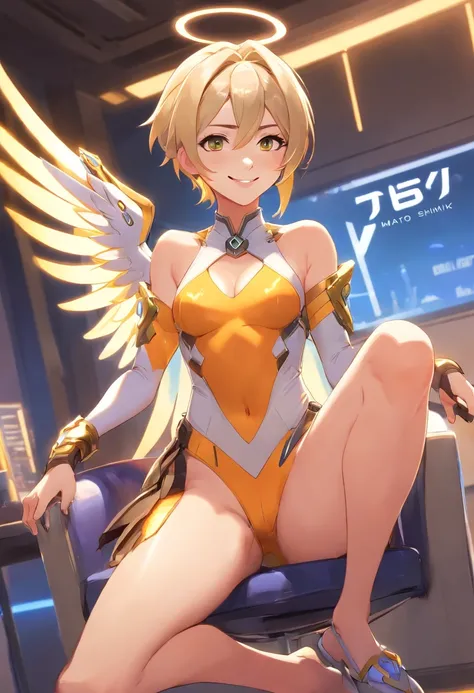 Overwatch Mercy, skimpy leotard, Sit on a chair, Smile