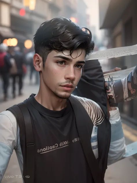 Close-up portrait of the young boys head in the street, press papers scattered around his head, very realistic, fantastic, Shot with a professional camera with moderate depth of field.