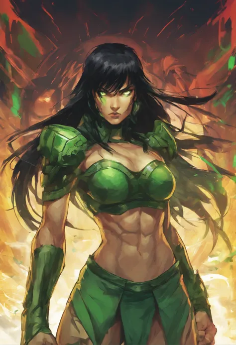 Long black haired woman with straight bangs and green eyes and a green light construct halo above head, green revealing armor with one shoulder pauldron and plated green skirt, scar across nose and abdomen, muscular, dynamic pose, ultra high Definition