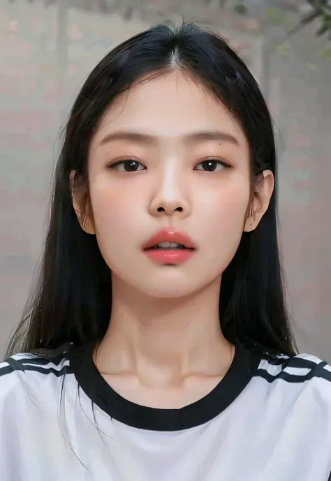 a woman with long hair and a white shirt looks into the camera, jennie blackpink, retrato de jossi de blackpink, korean symmetri...