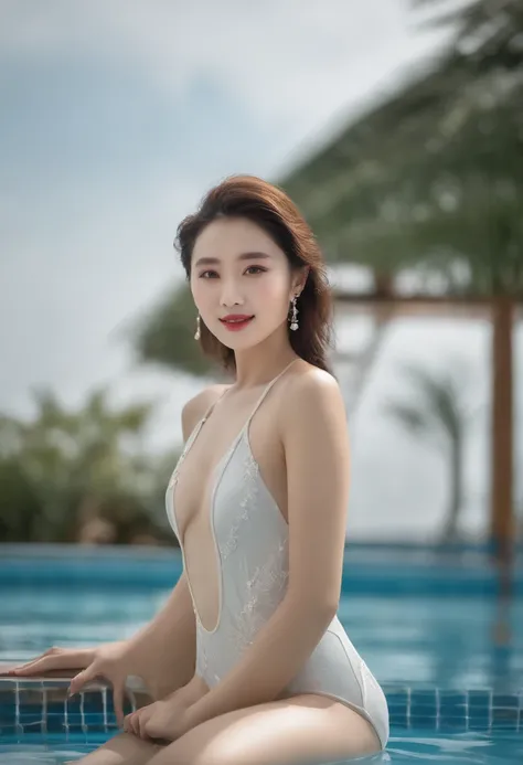 elegent, ​masterpiece, Complex and realistic, top-quality, absurderes, High face details, perfect  eyes, a matural female　Jiang Lihuazi wind　AI Pool Photo Session　Competitive swimsuit　More similar to the person himself