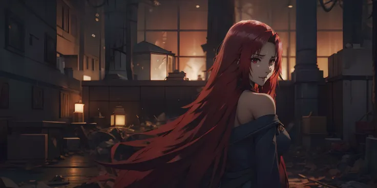 irismidgarv4, (red hair, long hair:1.7), red eyes, 1girl, solo, bare_shoulders, outdoors, off_shoulder, looking_at_viewer, piercing, looking_back, blurry, dress, upper_body, back, tree, blurry_background, black_dress, from_behind, looking_to_the_side, glow...