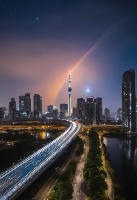 Giant crescent moon、high-level image quality、raw、Standing at Tokyo Skytree、20-year-old woman、nighttime scene、Milky Way Galaxy、Andromeda Nebula、tokyo streets、Flowing Lines of Light、Metropolitan Expressway Junction、fort、Rainbow Bridge、Approaching Planets