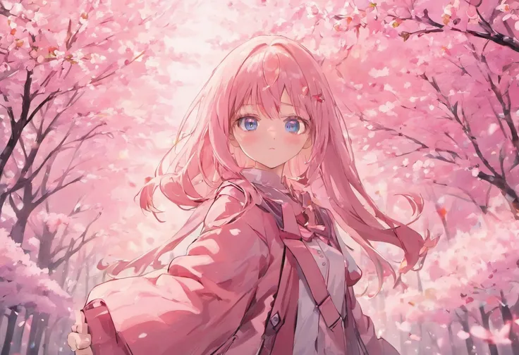 (masterpiece), best quality, expressive eyes, perfect face a girl with long light pink hair, hair is tied with a bow-shaped string and blue eyes, wearing a school uniform, carrying a backpack, walking and smiling. landscape of falling cherry blossoms, cher...