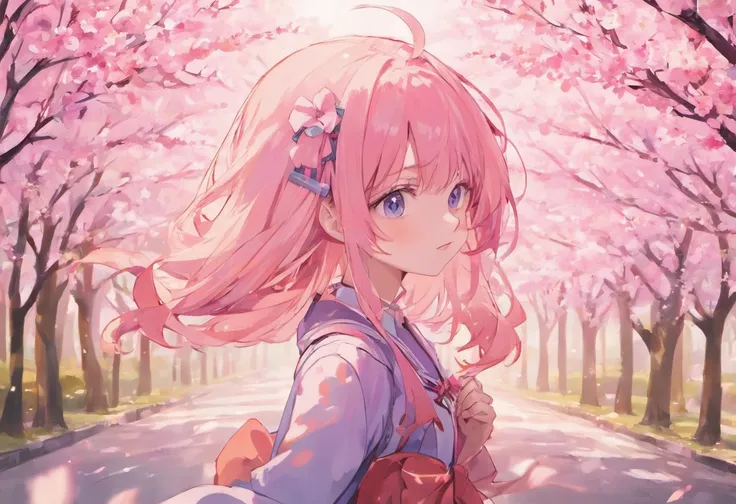 (masterpiece), best quality, expressive eyes, perfect face a girl with long light pink hair, hair is tied with a bow-shaped string and blue eyes, wearing a school uniform, carrying a backpack, walking and smiling. landscape of falling cherry blossoms, cher...