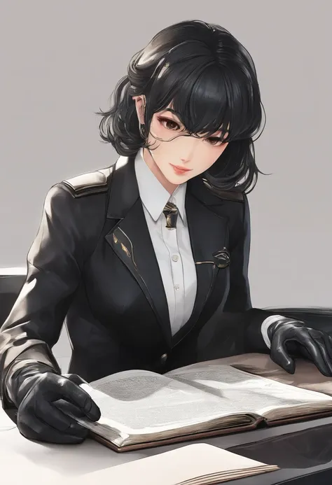 Wearing black leather gloves on both hands, Upper body, Black business suit, Facing a desk in a modern study in the dark, Looking down, Smiling, Use a fountain pen to write a letter, long, Straight black hair, Japan female new employee with young and cute ...