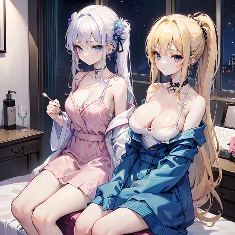 top-quality、highest image quality、10,master-piece、ultra-detail、Beautiful、Its beautiful.、Girl with((age is 18 years old、Bathrobe:1.7、Bust 92、a blond、Horsetail is disheveled.、Blue Eyes、lens、breast cleavage、Happiness、sit on a chair:1.2、Cross leg:1.2、Ear pierc...