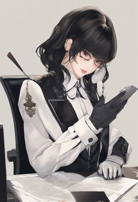 Wearing black leather gloves on both hands, Upper body, Black business suit, Facing a desk in a modern study in the dark, Looking down, Smiling, Use a fountain pen to write a letter, long, Straight black hair, Japan female new employee with young and cute ...