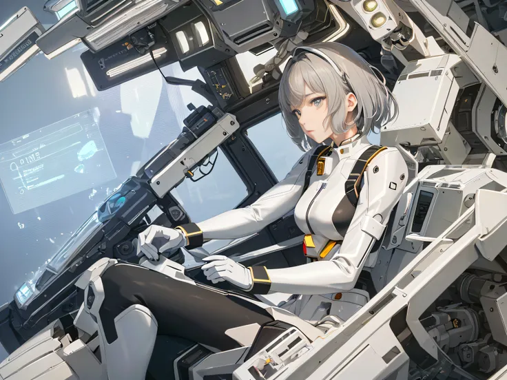 (((only one person))), (((only one face))), inside the cockpit, precision equipment, a beautiful woman in a Gundam pilot suit sitting in the cockpit, movie scene, 8K quality, (((whole body))), (masterpiece), realistic, young and cute one anime woman, beaut...