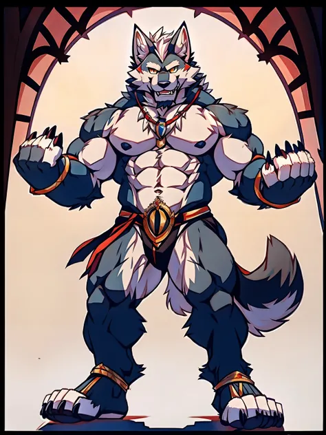 Human-wolf，musculous，Hairy all over，clawed paws，erect through