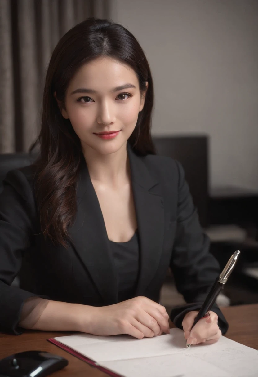 Wearing black leather gloves on both hands, Upper body, Black business suit, Facing a desk in a modern study in the dark, Looking down, Smiling, Use a fountain pen to write a letter, long, Straight black hair, Japan female new employee with young and cute ...