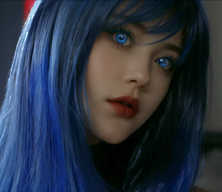 A close-up of a woman with blue hair and a black top, Piercing blue eyes, blue head, dark blue hair, poils bleus, dark blue eyes, with blue skin, aux cheveux bleus, yeux bleus intenses, cheveux bleus, yeux bleus brillants, very dark blue eyes, Cheveux bleu...