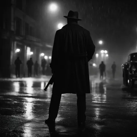 calle de noche, (Film Noir style), (acabado realista),A man stands in the middle of the street and holds a gun, its raining