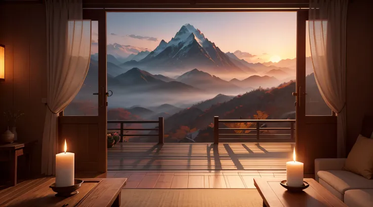 There are several candles on a low table in the middle of the room with a view of the mountains with a slight mist, Scenic sunset, relaxing concept art, Traditional Korean Houses, High-end hot springs, Hanok in the mountains, anime landscape concept art, 8...