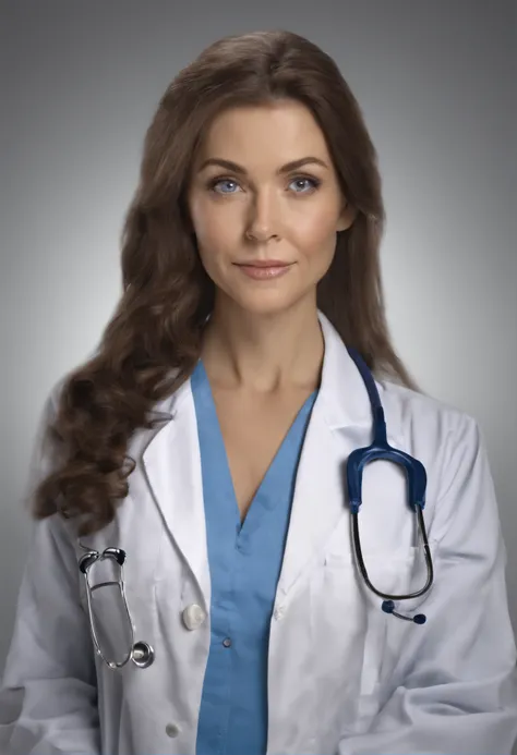 **A doctor in her uniform and her stethoscope staring into the camera. --v 4: 50** - (quase) --s 2