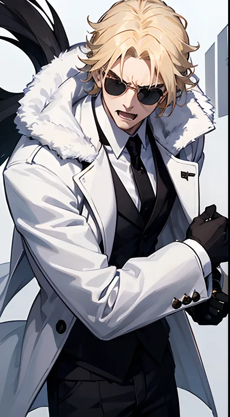 a man wearing a white winter overcoat, blond hair, using sunglasses, sharp teeths angry face, black gloves