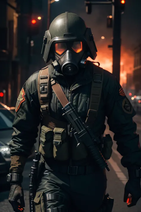 Soldier with gas mask and gas mask holding a gun, Helghast, cyberpunk soldier, Cyberpunk flame suit, wearing apocalyptic clothes, sci-fi dystopian character, Wojtek FUS, futuristic soldier, sci-fi soldier, Future Soldier Clothing, apocalyptic 8k, apocalypt...