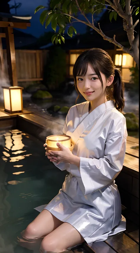 landscape, japan traditions, 1 girl's smile,  take a bath at hot japan hot springs, zori, a glimmer of light, detail, realisitic...