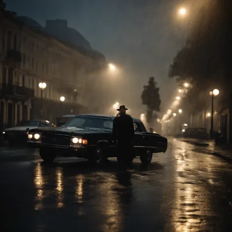 calle de noche, (Estilo cine negro), (acabado realista),Un hombre se para en medio de la calle y sostiene una pistola, its raining, hay un perro ladrando