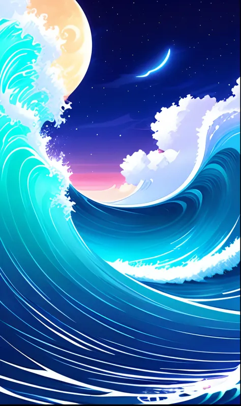 Ocean surfer on moonlight background，Jen Bartel，Inspired by Cyril Rolando，James Gilleard artwork，Inspired by Christopher Balaskas，Cyril Rolando 和 Mw Kaluta，Cyril Rolando 和 M . . . . w kaluta, dream wave aesthetic