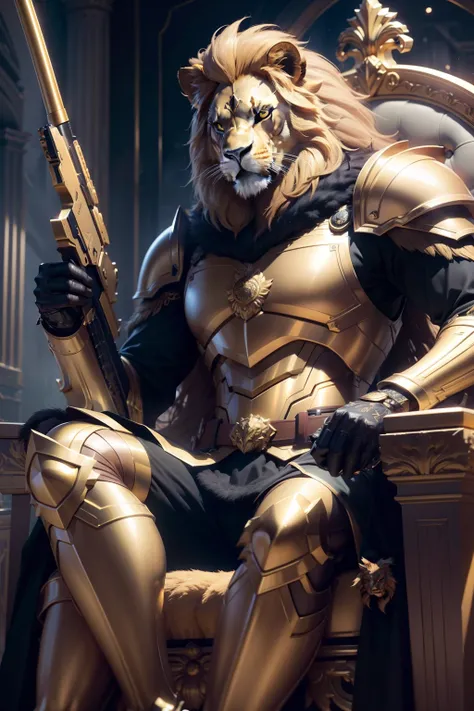 Make a pamphlet with a lion man in golden armor holding a golden sniper rifle on a black and gold colored throne, highly detailed lion face