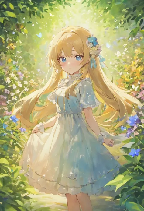 Anime girl with long hair and blue eyes in flower garden, anime goddess, Seductive Anime Girl, Smooth Anime CG Art, Beautiful anime girl, Anime visuals of cute girls、 Beautiful anime, Cute anime waifu in a nice dress, ethereal anime, 1little girl