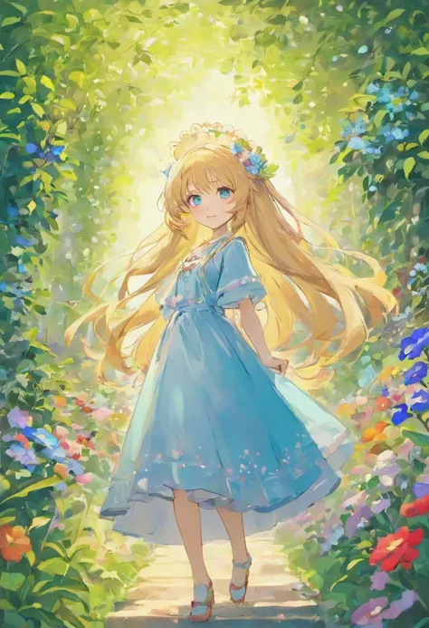 Anime girl with long hair and blue eyes in flower garden, anime goddess, Seductive Anime Girl, Smooth Anime CG Art, Beautiful anime girl, Anime visuals of cute girls、 Beautiful anime, Cute anime waifu in a nice dress, ethereal anime, 1little girl