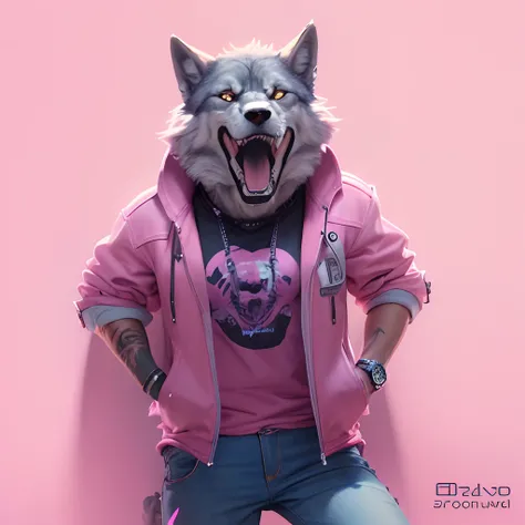 Hyper Realistic, (Rolex watch, wear Jeans), (Pink background), Wolf, 8k.