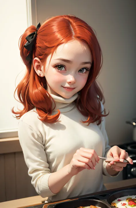 (masterpiece:1.2),chiaroscuro,solo,1 girl,black detailed eyes,white turtleneck shirt,(chibi:0.6),bright red hair,stickers,emojis,cute style,white background,((cooking food)),illustration,ultra-detailed,photorealistic,portrait,soft lighting,playful,feminine...