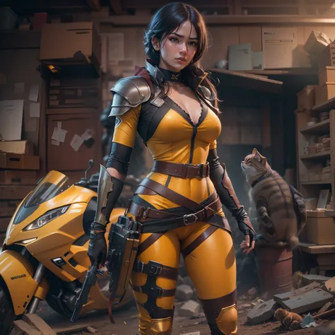 Alafed woman in yellow clothes holding gun in abandoned area, Full Body Ninja Gaiden Girl, ultra-realistic background, As a panel for Marvel Comics, render of a cute 3d anime girl, characters merged, brown armor, Asian Woman, uzumaki, Character mashups, Mu...