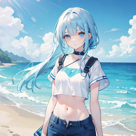 Cold girl White pupils Aqua blue hair Long hair Cold expression Short sleeves，shorter pants，Crop topping， Sea beach background