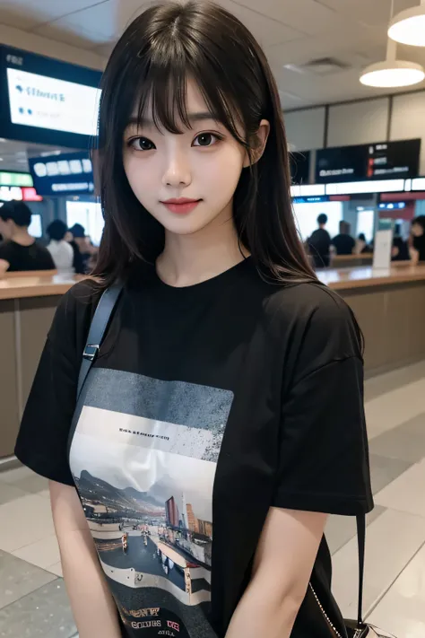 Realistic photos of Korean women, crossed bangs, little smiling, T-shirt, In the airport, POV, Eye-Level Shot, Blurry, nffsw, masutepiece, hight resolution, 16 K