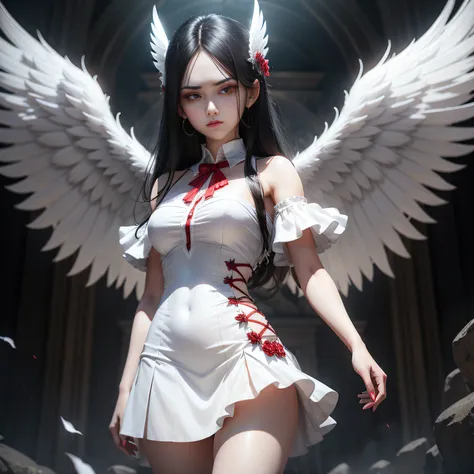 woman in white dress, angry look, white wings, cute angel 3d rendering, black hair, red eyes