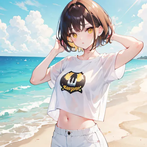 brunette color hair，short detailed hair，By bangs，Yellow eyes，adolable，teens girl，white short sleeve，short white pants，Crop topping，Background sandy beach