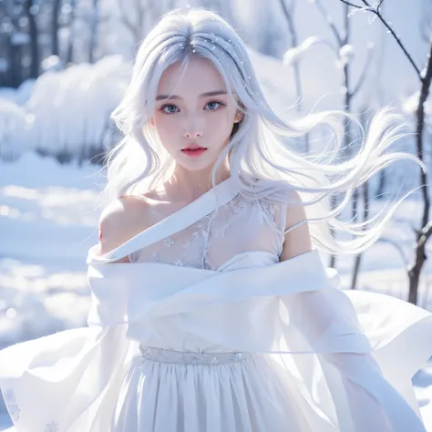 1girll,(Snow,Ice), snowflower, In winter, White hair, Shiny hair, Wavy hair, Transparent clothes, frilld, Lace, Wet clothes, Off_Shoulder, hair scrunchie,Masterpiece, Telephoto lens, absurderes, Exquisite facial features