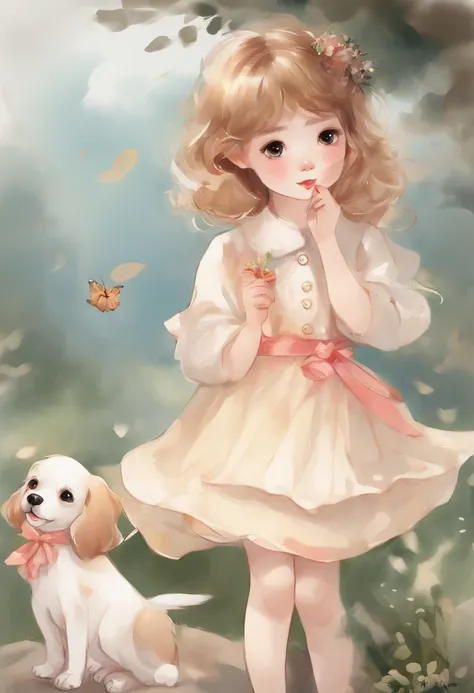 Gibble wind　watercolor paiting　kawaii girl　Cute puppy　Various poses