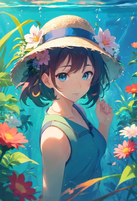 Anime girl in underwater hat with flowers in hat, artwork in the style of guweiz, guweiz, makoto shinkai art style, with straw hat, Kantai Collection Style, Shinkai Makoto style, painted in anime painter studio, By Shinkai Makoto!, 4 k manga wallpaper, Wal...