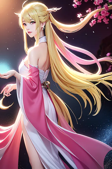 16k，Two-dimensional girl，Japanese painting style，Long flowing yellow hair，Pink white eyes，Chinese off-the-shoulder evening dress，Side face，adolable。