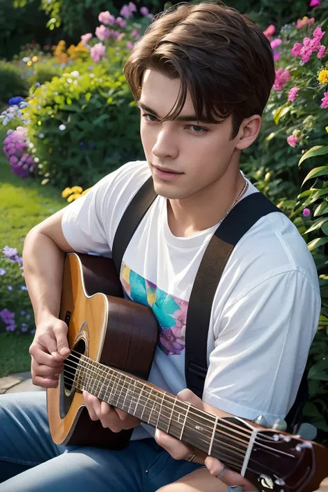 richard wayne van dyke, 18 years old, t-shirt and blue jeans, vibrant and energetic, playing guitar passionately, surrounded by ...