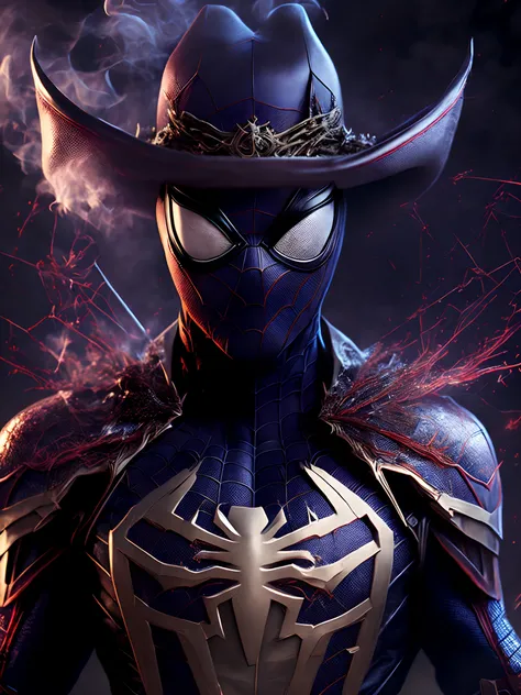 Close-up ( Spiderman from Marvel as a cowboy in Goth style: 1.3) emerging from the cowboys land, extremely detailed, smoke, sparks, metal shavings, flying debris, volumetric light