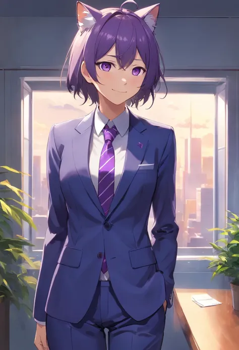 A purple-eyed male cat in a suit and tie stands by the window., In a strict suit., In a strict suit., Portraits with a complete view of the standing figure , Dark suit, A grand and classy portrait., highly detailed exquisite fanart, Official Character Art,...