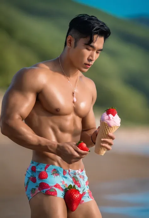 Muscular Asian man with black hair in wet panties with beach in the background sucking on a strawberry ice cream wet with ice cream drops