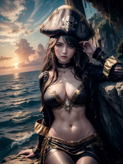 1Beautiful girl, extremely detailed CG unified 8k wallpaper, highly detailed, High-definition raw color photos, professional photograpy, Realistic portrait, teenager, Beautiful pirate sitting on the rock, Long black hair with Blue eyes, detailed Black and ...