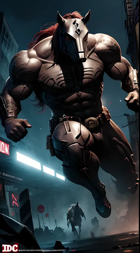 horse mask creature, DC style, Arkham city background, attacking pose, masterpiece, ultra high details