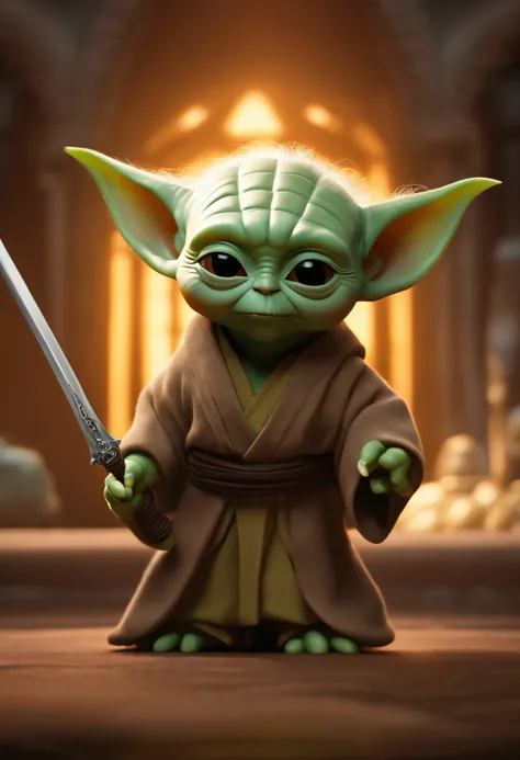 1 yoda bebe, verde claro, con el traje cafe, cartoon, orejas cortas, entrenando con una espada lacer en el templo jedi